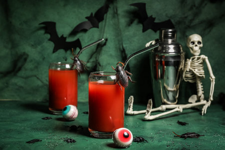 Glasses of delicious bloody Mary cocktail for Halloween, insects, skeleton and tasty candies on green backgroundの写真素材