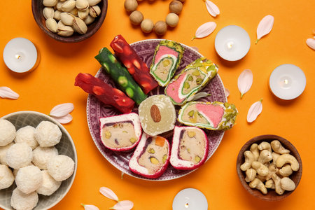 Candles with beads and plates of different treats on orange background. Divaly celebrationの写真素材