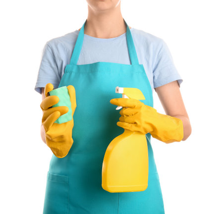 Cleaning service worker with cleaning supplies on white backgroundの写真素材