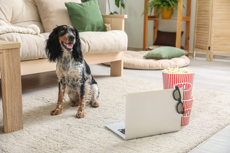Cute cocker spaniel dog with buckets of popcorn, laptop and 3D cinema glasses sitting on carpet in...