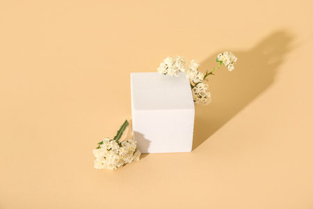 Composition with beautiful flowers and plaster podium on beige backgroundの写真素材