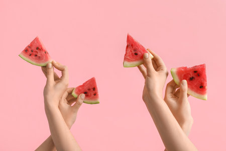 Female hands with slices of ripe watermelon on pink backgroundの写真素材