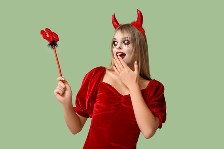 Surprised young woman dressed for Halloween as devil with trident on green backgroundの写真素材