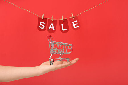 Woman holding shopping cart and flags with word SALE on red backgroundの写真素材
