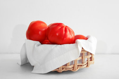 Wicker bowl with fresh ripe tomatoes on white backgroundの写真素材