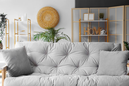 Interior of stylish living room with gray sofaの写真素材