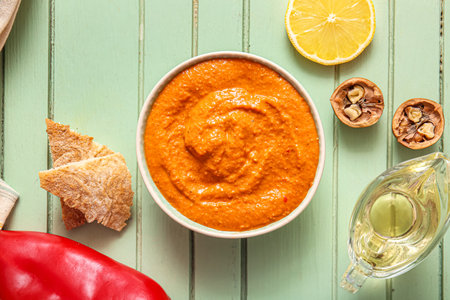 Bowl of tasty muhammara and ingredients on green wooden backgroundの写真素材