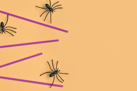 Composition with drinking straws and spiders for Halloween celebration on color background