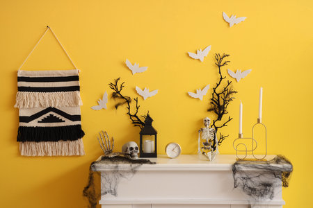 Fireplace with Halloween decor in living roomの写真素材