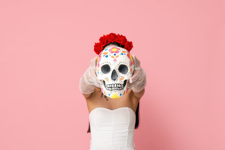 Young woman dressed as dead bride for Halloween party with painted human skull on pink background