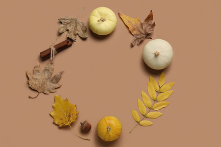 Frame made of natural forest decor and ripe pumpkins on color backgroundの写真素材