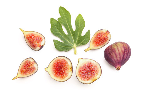Fresh ripe figs and leaves on white backgroundの写真素材