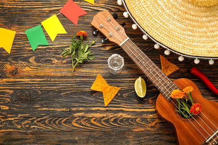 Composition with tequila shot, nachos and guitar for Mexico's Independence Day on wooden backgroundの写真素材