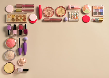 Different decorative cosmetics on beige backgroundの写真素材