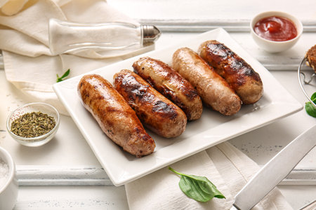 Plate of tasty grilled sausages on white wooden backgroundの写真素材