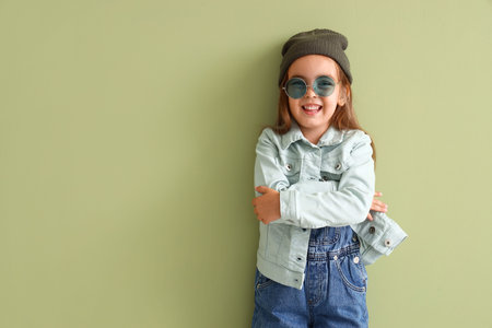 Cute little girl in sunglasses on green background
