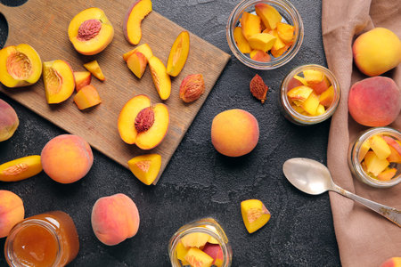 Jars with sweet peach jam and fresh fruits on black background
