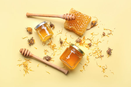 Jars with tasty honey, honeycomb, dippers and dried dandelion flowers on beige background