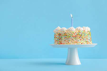Stand with yummy Birthday cake on blue backgroundの写真素材