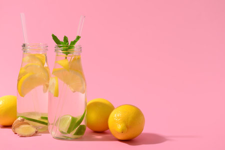 Bottles of tasty lemonade with ginger and mint on pink backgroundの写真素材