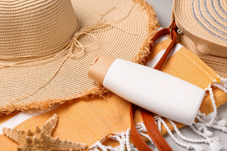 Bottle of sunscreen cream with beach accessories on gray backgroundの写真素材