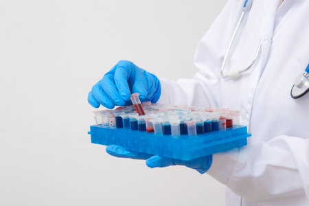 Female lab worker holding test tubes with colorful samples in stand on white background