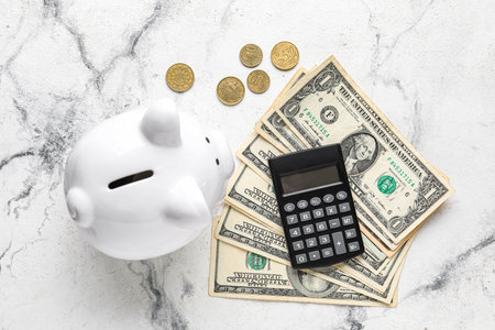 Piggy bank, calculator and money on white marble backgroundの写真素材