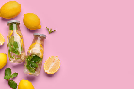 Bottles of tasty lemonade with mint on pink backgroundの写真素材