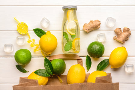 Bottle of tasty lemonade with mint and lime on white wooden backgroundの写真素材