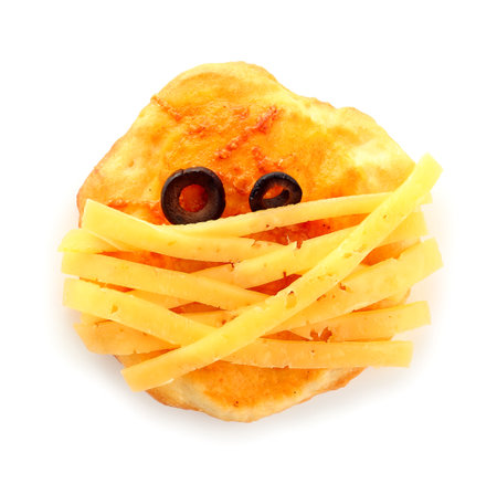 Tasty Halloween mini pizza on white backgroundの写真素材