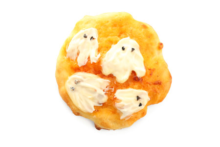 Tasty Halloween mini pizza on white backgroundの写真素材