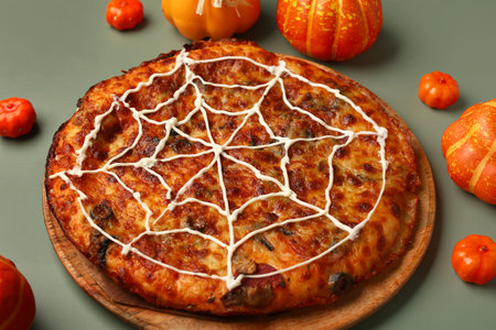 Wooden board with tasty pizza and pumpkins for Halloween party on green backgroundの写真素材