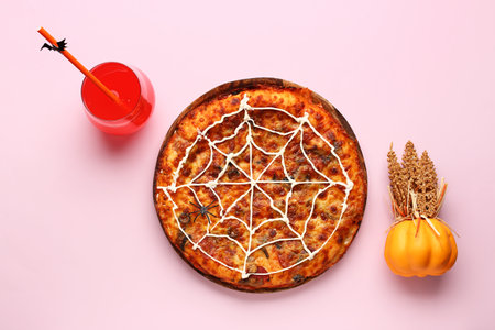 Wooden board with tasty pizza and glass of juice for Halloween party on pink backgroundの写真素材