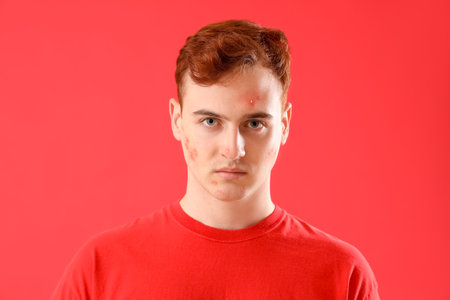 Teenage boy with acne on red backgroundの写真素材