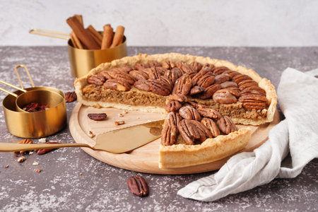 Wooden board with tasty pecan pie on table