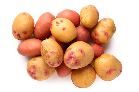 Heap of fresh raw potatoes on white backgroundの写真素材