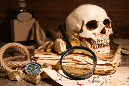 Human skull with bottle of rum, old manuscripts, travel equipment and golden nuggets on brown wooden backgroundの写真素材