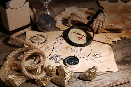 Travel equipment with treasure map and golden nuggets on brown wooden backgroundの写真素材