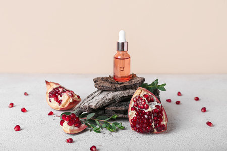 Composition with bottle of essential oil, tree bark and pomegranate on light tableの写真素材