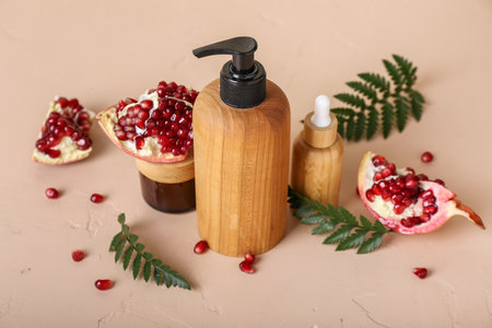 Composition with cosmetic products, pomegranate and fern leaves on color backgroundの写真素材