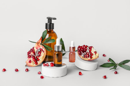 Composition with cosmetic products, pomegranate and plant branches on light backgroundの写真素材