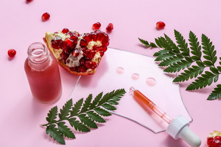 Composition with bottle of essential oil, pomegranate and fern leaves on pink backgroundの写真素材