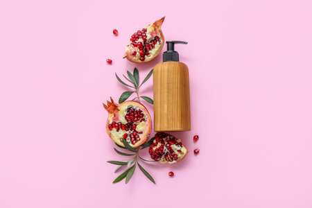Composition with bottle of cosmetic product and ripe pomegranate on pink backgroundの写真素材