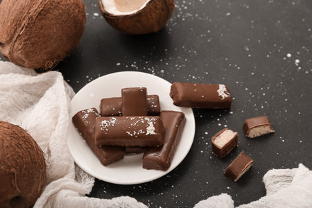Plate with tasty chocolate covered coconut candies on black backgroundの写真素材