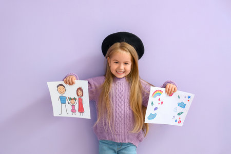 Cute little girl with drawings on lilac backgroundの写真素材
