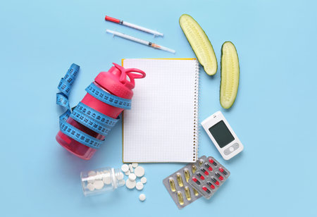 Blank notebook with glucometer, pills, cucumber, syringes and bottle on blue background. Diabetes conceptの写真素材