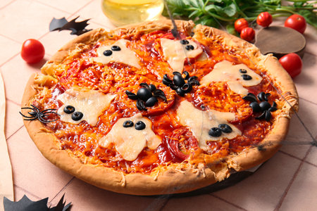 Wooden board with tasty pizza for Halloween celebration on beige tile backgroundの写真素材