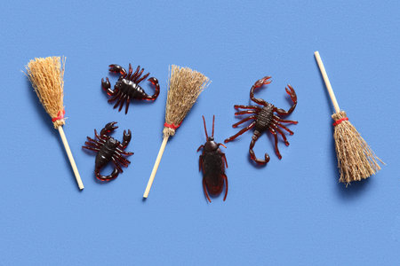 Halloween composition with candy bugs and brooms on blue background