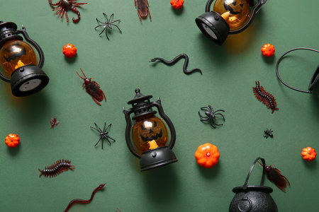 Halloween composition with candy bugs, lanterns and pumpkins on green backgroundの写真素材