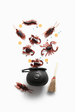 Halloween composition with candy bugs, cauldron and broom on white background